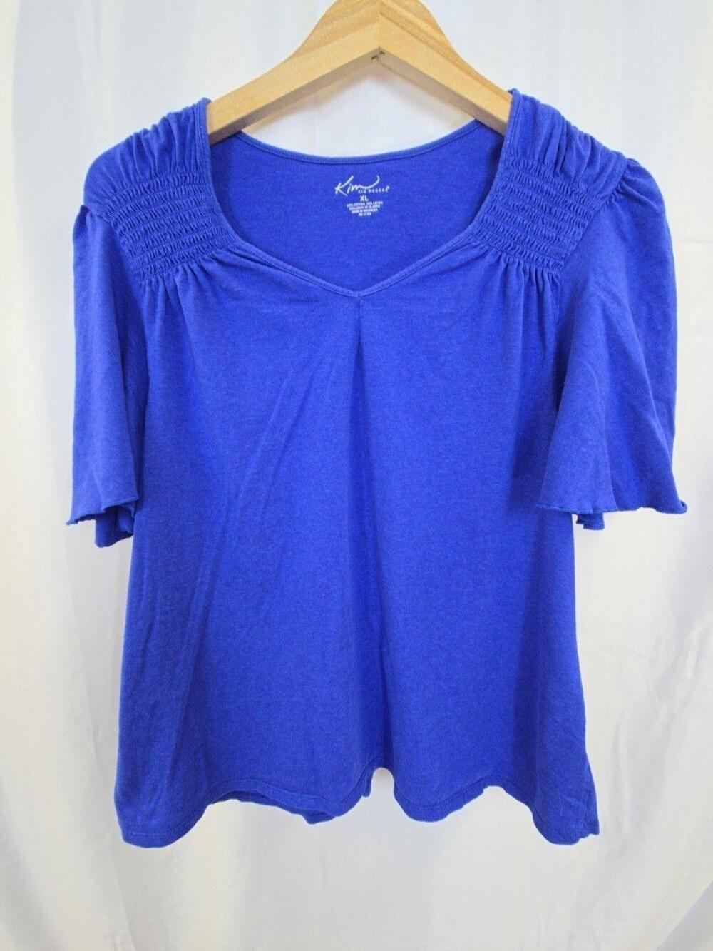 Kim Rogers Shirt Womens XL Blue Smocked Shoulder Flutter Sleeve Knit Tee Top